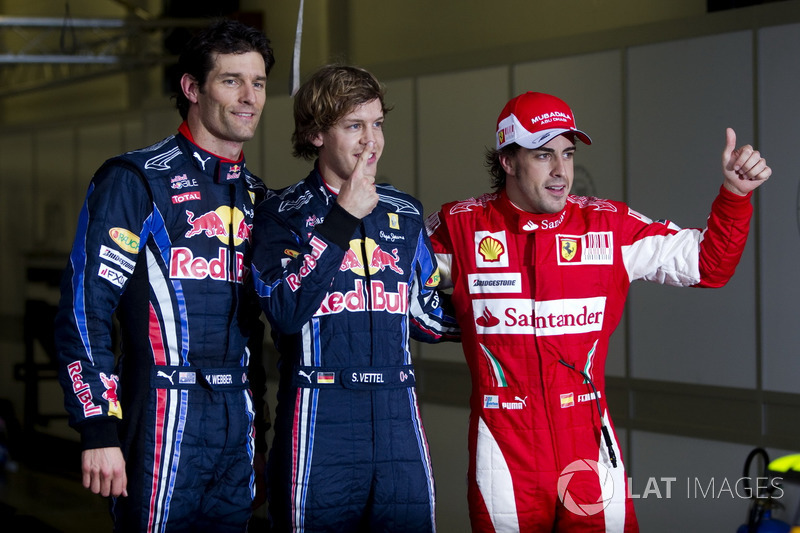 Le top 3 des qualifications : Sebastian Vettel, Red Bull Racing, Mark Webber, Red Bull Racing, Fernando Alonso, Ferrari