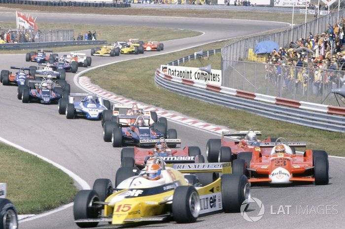 Jean-Pierre Jabouille, Renault RE20,  leads Nelson Piquet, Brabham BT49-Ford Cosworth, hidden, Bruno Giacomelli, Alfa Romeo 179B, Gilles Villeneuve, Jody Scheckter, both Ferrari 312T5, Mario Andretti, Lotus 81-Ford Cosworth, John Watson, McLaren M29C-Ford Cosworth, Didier Pironi, Ligier JS11/15-Ford Cosworth, Elio de Angelis, Lotus 81-Ford Cosworth, Riccardo Patrese, Arrows A3-Ford Cosworth, Jean-Pierre Jarier, Tyrrell 010-Ford Cosworth, Eddie Cheever, Osella FA1-Ford Cosworth,  and Nigel Mansell, Lotus 81B-Ford Cosworth, at the start