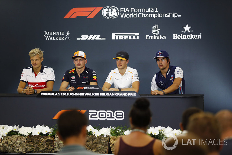 Marcus Ericsson, Sauber, Max Verstappen, Red Bull Racing, Stoffel Vandoorne, McLaren, and Lance Stroll, Williams Racing, in the Thursday press conference