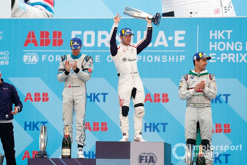 Race winner Sam Bird, Envision Virgin Racing celebrates on the podium alongside Edoardo Mortara, Venturi Formula E, 2nd position, Lucas Di Grassi, Audi Sport ABT Schaeffler, 3rd position