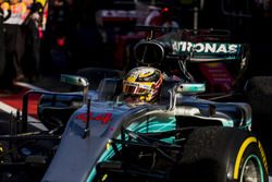 Lewis Hamilton, Mercedes AMG F1 W08, deuxième, arrive dans le Parc Fermé