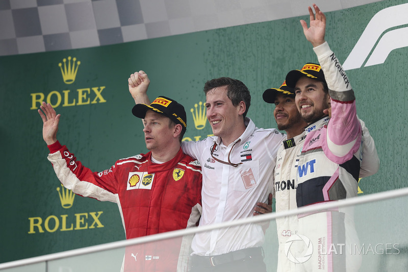 Podium: race winner Lewis Hamilton, Mercedes-AMG F1, second place Kimi Raikkonen, Ferrari, third place Sergio Perez, Force India