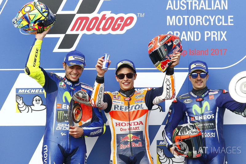 Podium: race winner Marc Marquez, Repsol Honda Team, second place Valentino Rossi, Yamaha Factory Racing, third place Maverick Viñales, Yamaha Factory Racing