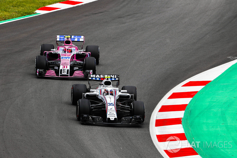 Sergey Sirotkin, Williams FW41,leads Esteban Ocon, Force India VJM11