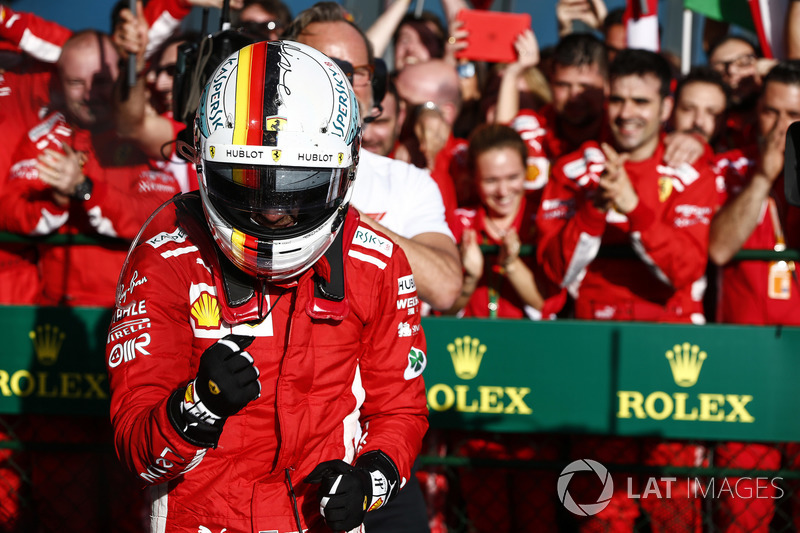 Sebastian Vettel, Ferrari, 1st position. celebrates victory on arrival in Parc Ferme