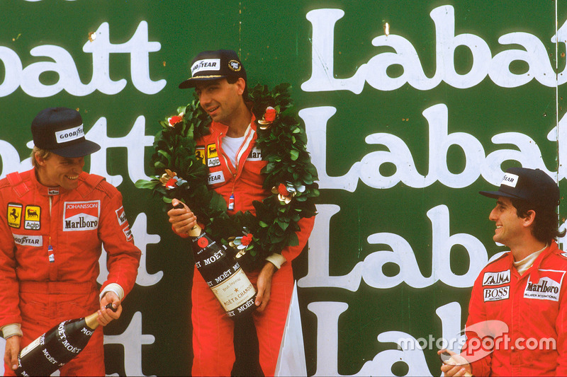 Michele Alboreto, 1st position, Stefan Johansson, 2nd position and Alain Prost, 3rd position on the 