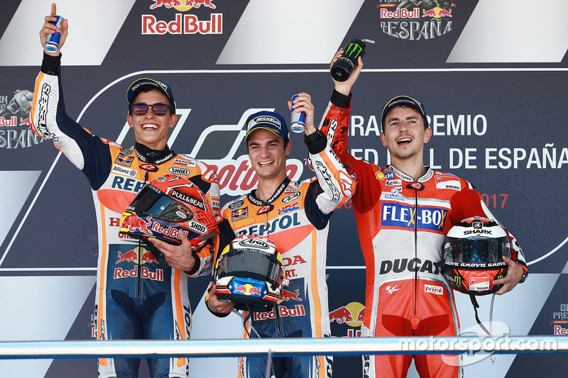 Podium: Race winner Dani Pedrosa, Repsol Honda Team, second place Marc Marquez, Repsol Honda Team, third place Jorge Lorenzo, Ducati Team