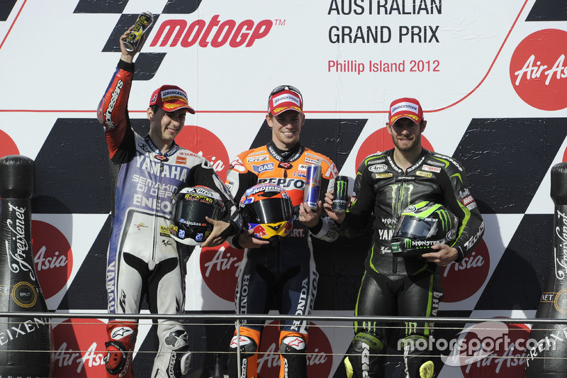 Podium : le deuxième Jorge Lorenzo, Yamaha, le vainqueur Casey Stoner, Repsol Honda, le troisième Cal Crutchlow, Yamaha Tech3