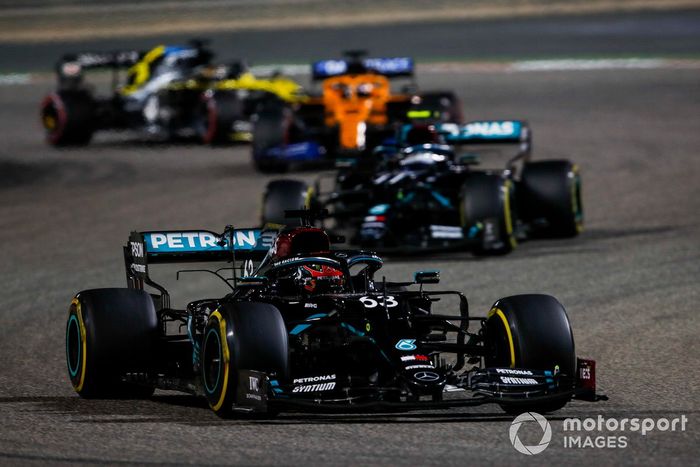 George Russell, Mercedes F1 W11, Valtteri Bottas, Mercedes F1 W11, Carlos Sainz Jr., McLaren MCL35, and Daniel Ricciardo, Renault F1 Team R.S.20