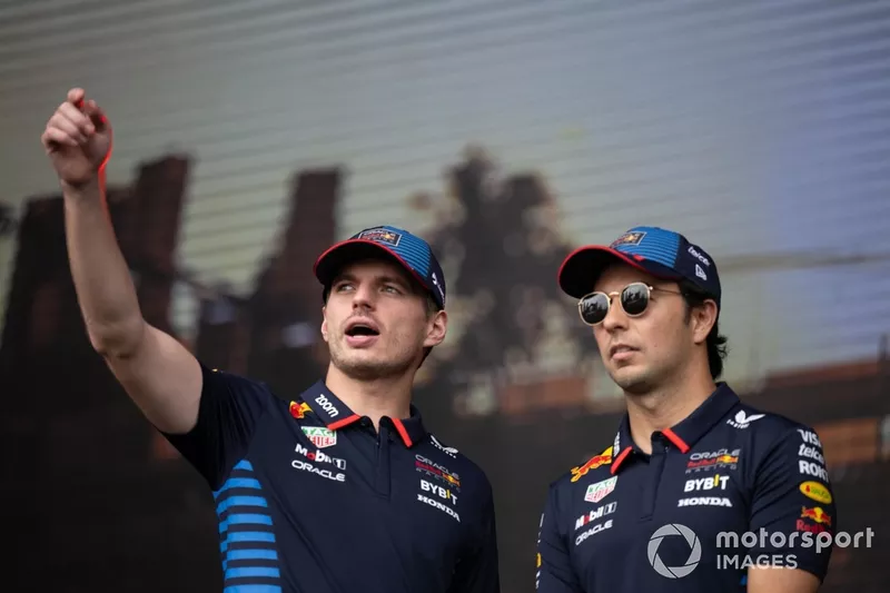 Max Verstappen, Red Bull Racing, Sergio Perez, Red Bull Racing, on stage in the fan zone