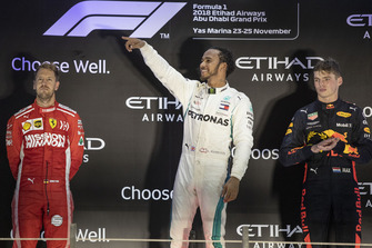 Sebastian Vettel, Ferrari, Lewis Hamilton, Mercedes AMG F1, Max Verstappen, Red Bull Racing, op het podium