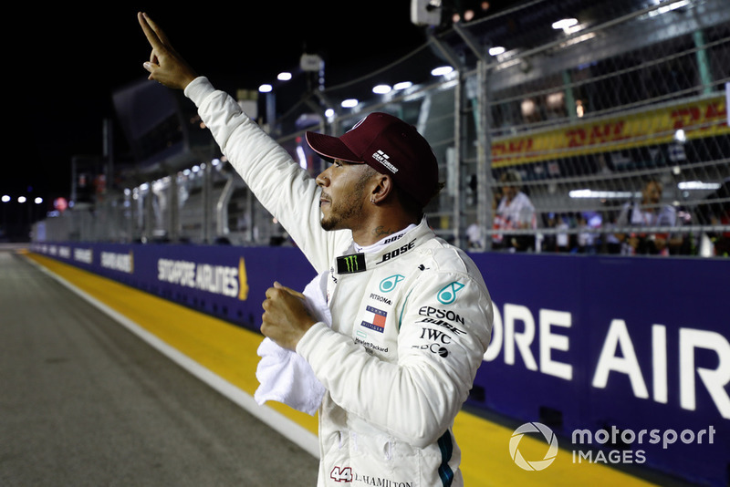 Lewis Hamilton, Mercedes AMG F1, celebrates after taking Pole Postion.