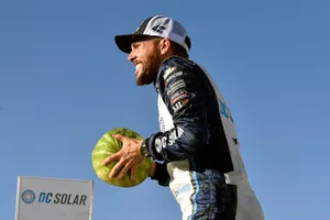 Ross Chastain, Chip Ganassi Racing, Chevrolet Camaro DC Solar celebrates his win