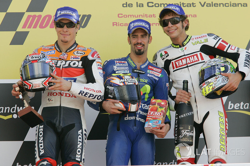 Podium: race winner Marco Melandri, second place Nicky Hayden, third place Valentino Rossi