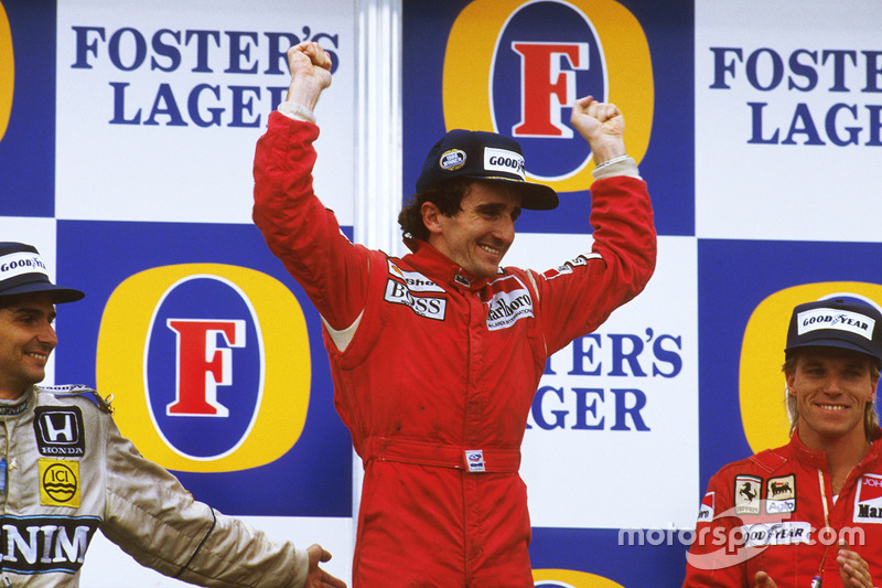 Podium: 1. und Weltmeister Alain Prost, 2. Nelson Piquet, 3. Stefan Johansson