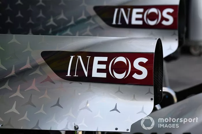 The INEOS logo on the bodywork of the Mercedes F1 W11 