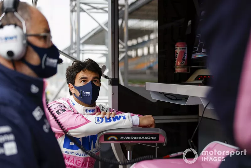 Sergio Perez, Racing Point, on the pit wall