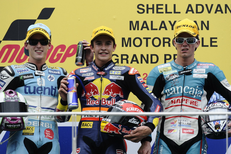 Podium: second place Pol Espargaro, Race winner Marc Marquez, third place Nicolás Terol