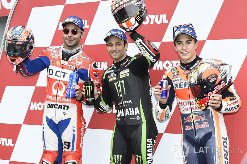 Polesitter Johann Zarco, Monster Yamaha Tech 3, second place Danilo Petrucci, Pramac Racing, third place Marc Marquez, Repsol Honda Team