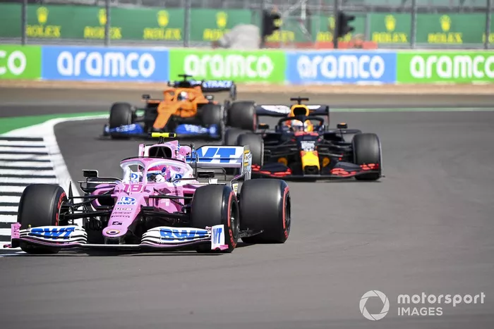 Lance Stroll, Racing Point RP20, Max Verstappen, Red Bull Racing RB16, y Carlos Sainz Jr., McLaren MCL35