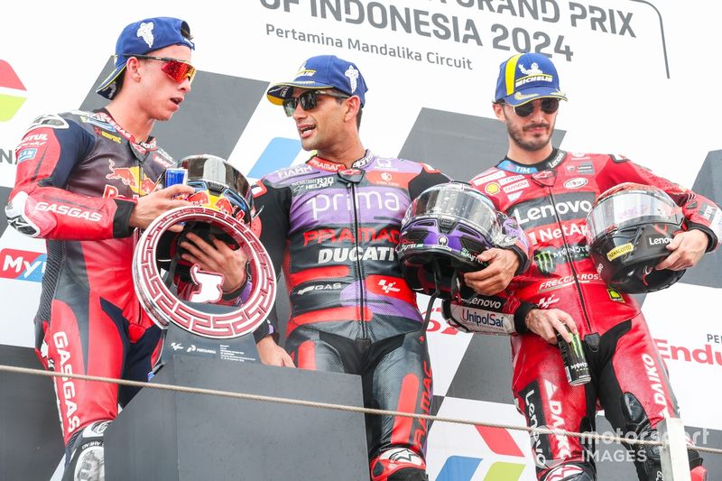 Pedro Acosta, Red Bull GASGAS Tech3, Jorge Martin, Pramac Racing, Francesco Bagnaia, Ducati Team podium