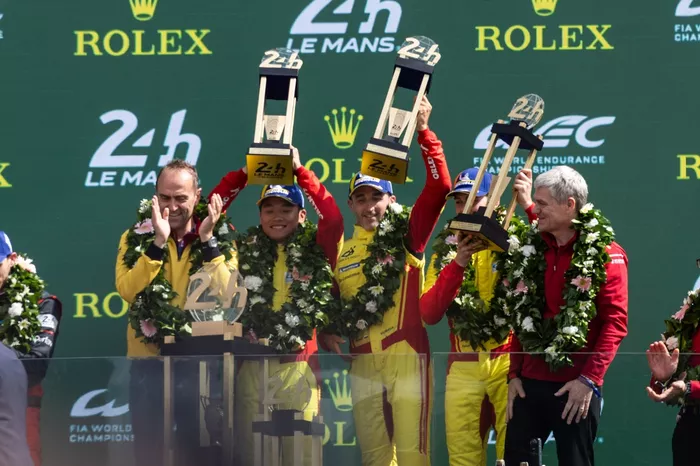 Podium: Race winner #83 AF Corse Ferrari 499P: Robert Kubica, Yifei Ye, Philip Hanson