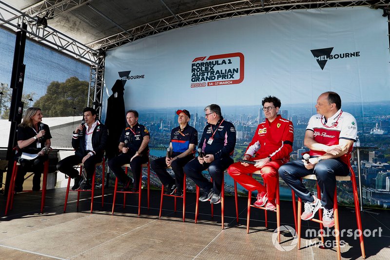 Toto Wolff, directeur exécutif, Mercedes AMG, Christian Horner, Team Principal, Red Bull Racing, Franz Tost, Team Principal, Toro Rosso, Otmar Szafnauer, Team Principal, Racing Point, Mattia Binotto, Team Principal Ferrari et Frederic Vasseur, Team Principal, Alfa Romeo Racing