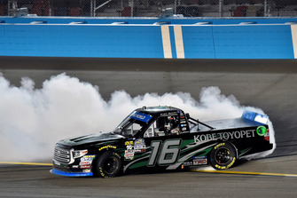 Brett Moffitt, Hattori Racing Enterprises, Toyota Tundra KOBE celebrates his win with a burnout