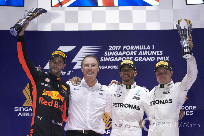 Podium: Second place Daniel Ricciardo, Red Bull Racing, Race winner Lewis Hamilton, Mercedes AMG F1, third place Valtteri Bottas, Mercedes AMG F1