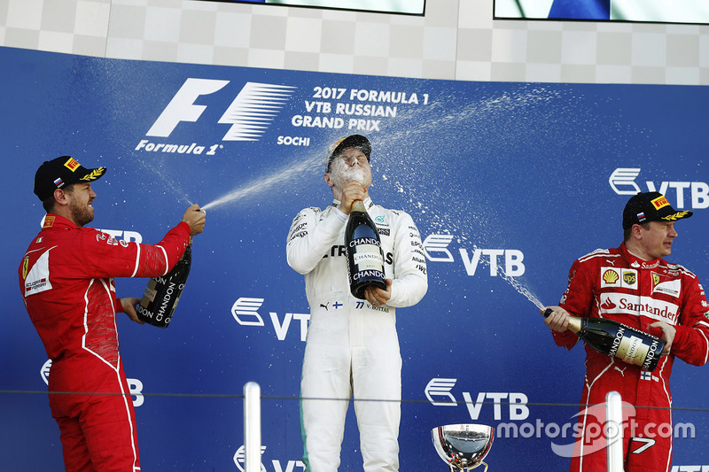 Podium: race winner Valtteri Bottas, Mercedes AMG F1, second place Sebastian Vettel, Ferrari, third place kimi Raikkonen, Ferrari