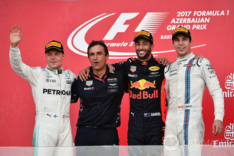 8º Podio del GP de Azerbaiyán 2017 - 2º Valtteri Bottas, Mercedes; 1º Daniel Ricciardo, Red Bull Racing; 3º Lance Stroll, Williams