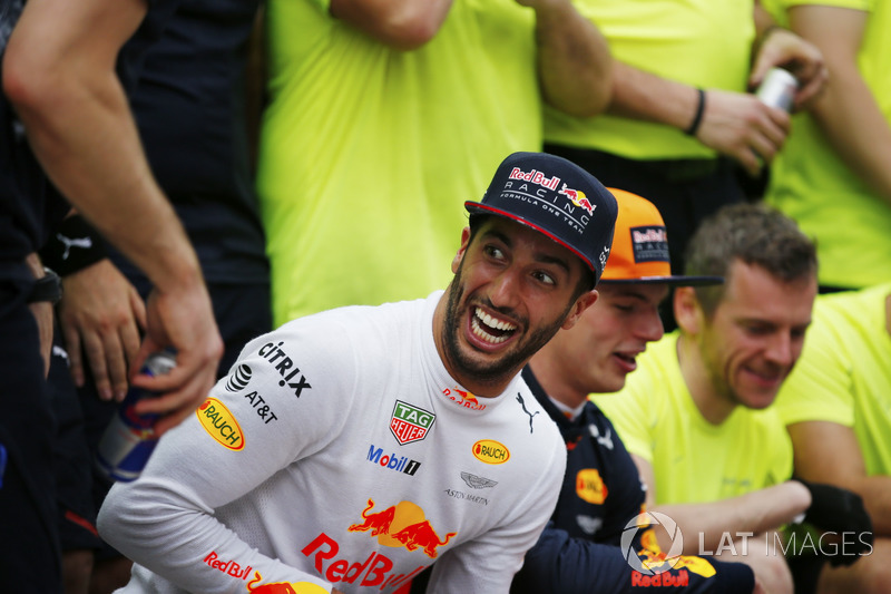 Daniel Ricciardo, Red Bull Racing, celebrates alongside winner Max Verstappen, Red Bull Racing
