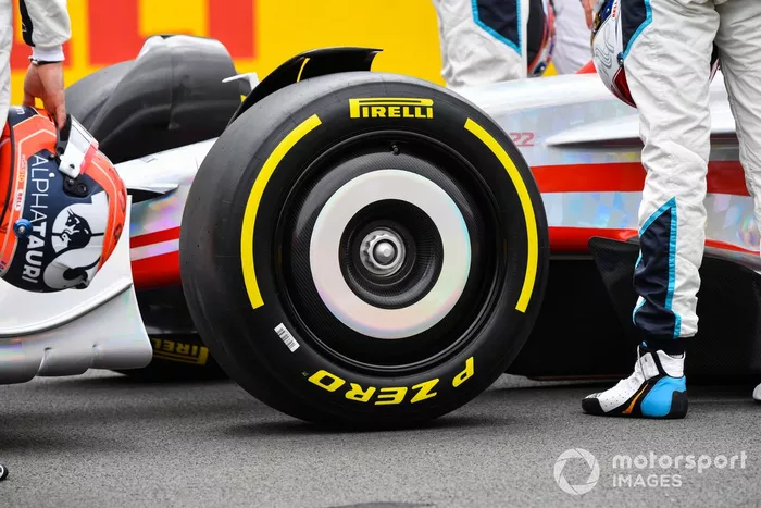 The 2022 Formula 1 car launch event on the Silverstone grid. Front wheel detail