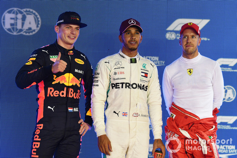 (Ki-ka): Max Verstappen, Red Bull Racing, Lewis Hamilton, Mercedes AMG F1, Sebastian Vettel, Ferrari