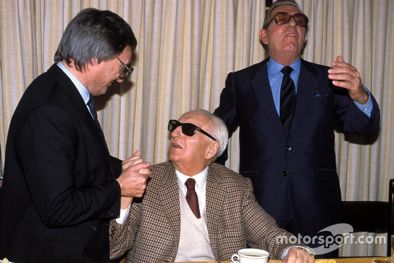 Maranello 1987, Enzo Ferrari, Bernie Ecclestone and Jean Marie Balestre on the day of renewal of the Concorde Agreement