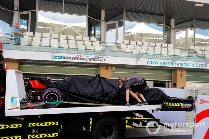 The Pietro Fittipaldi Haas F1 Team VF-18, is returned to the pits on a truck