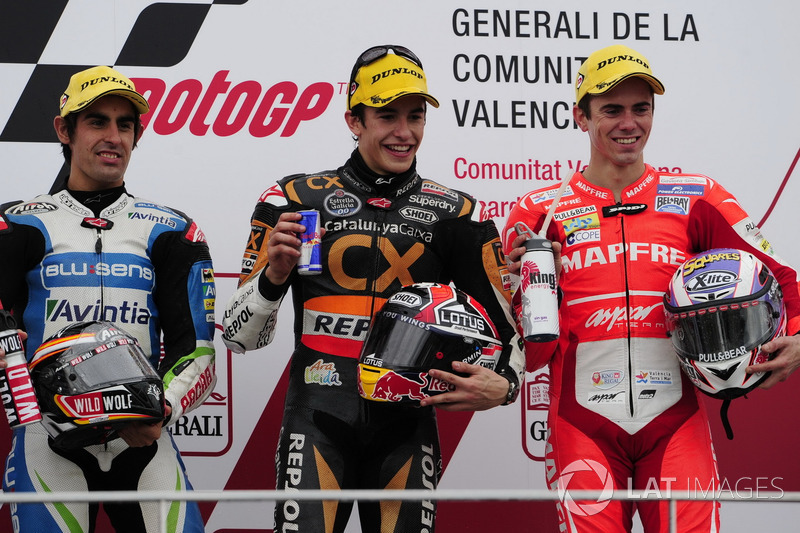 Podium: second place Julián Simón, Race winner Marc Marquez, third place Nicolás Terol