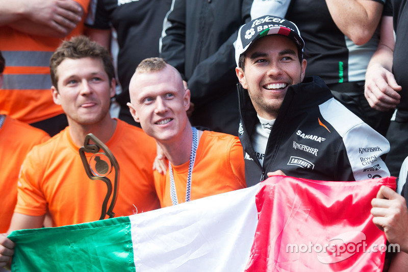 Sergio Perez, Sahara Force India F1 celebrates his third position with the team