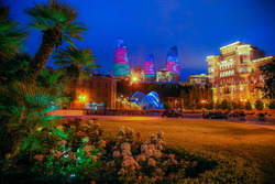 Baku night atmosphere, Flame Towers and old town