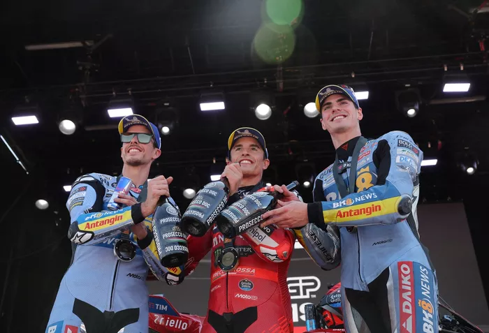 Race winner Marc Marquez, Ducati Team, Alex Marquez, Gresini Racing, Fermin Aldeguer, Gresini Racing