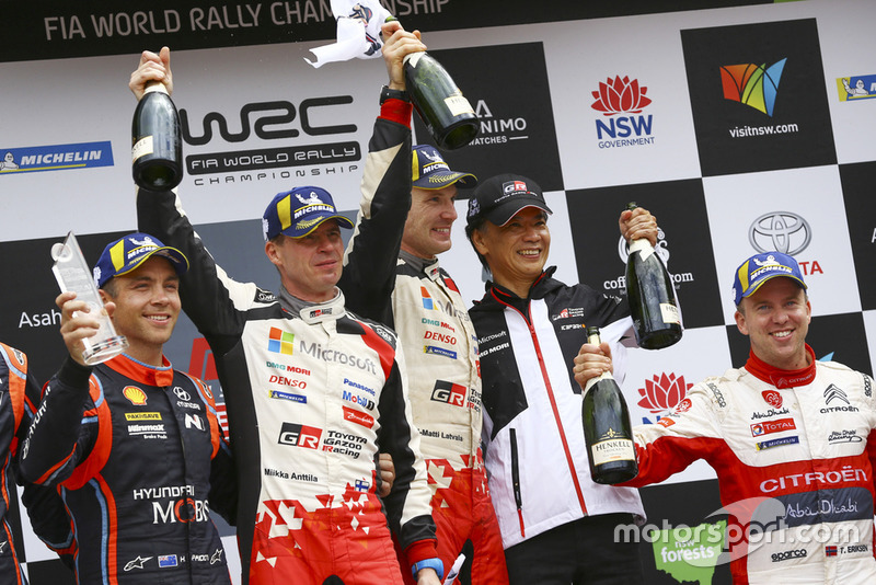 Jari-Matti Latvala, Miikka Anttila, Toyota Gazoo Racing, second place Hayden Paddon, Sebastian Marshall, Hyundai Motorsport, third place Mads Ostberg, Torstein Eriksen, Citroën World Rally Team