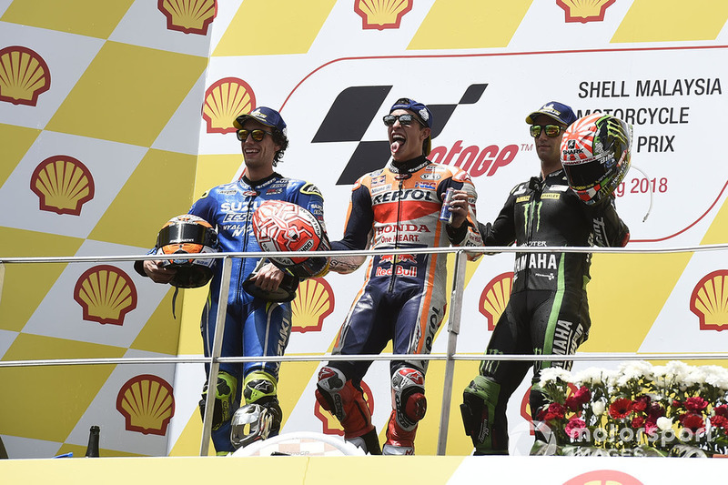 podium: race winner Marc Marquez, Repsol Honda Team, second place Alex Rins, Team Suzuki MotoGP, third place Johann Zarco, Monster Yamaha Tech 3