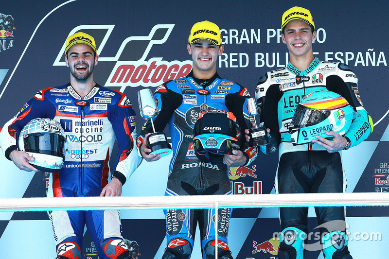 Podio: Aron Canet, Estrella Galicia 0,0, Romano Fenati, Marinelli Rivacold Snipers, Joan Mir, Leopard Racing
