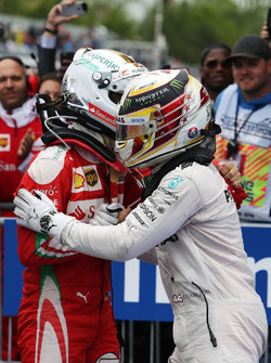 Race winner Lewis Hamilton, Mercedes AMG F1 celebrates in parc ferme with Sebastian Vettel, Ferrari
