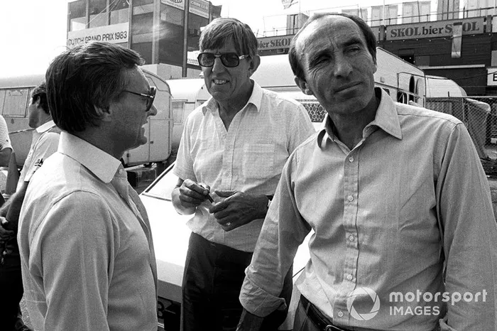 Bernie Ecclestone, propietario del equipo Brabham y presidente de FOCA; Ken Tyrrell, propietario del equipo Tyrrell y Frank Williams, propietario del equipo Williams