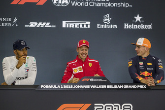 Press conference: race winner Sebastian Vettel, Ferrari, second place Lewis Hamilton, Mercedes AMG F1, third place Max Verstappen, Red Bull Racing