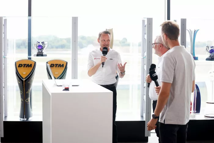 Rolf Michl, Chief Operating Officer Audi Sport racing, Stefan Moser, Head of Sports Com­mu­ni­ca­tions, René Rast