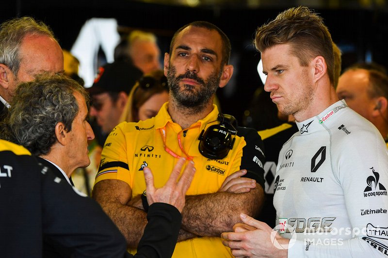 Alain Prost with Cyril Abiteboul, Managing Director, Renault F1 Team, and Nico Hulkenberg, Renault F1 Team