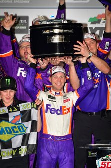 Denny Hamlin, Joe Gibbs Racing, Toyota Camry FedEx Express celebrates in victory lane, Christopher Gabehart