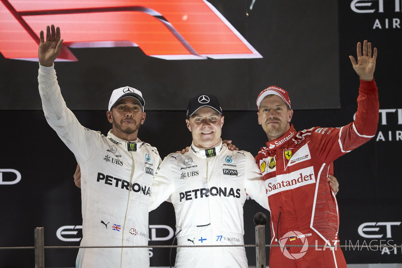 Podium: Second place Lewis Hamilton, Mercedes AMG F1, Race winner Valtteri Bottas, Mercedes AMG F1, 